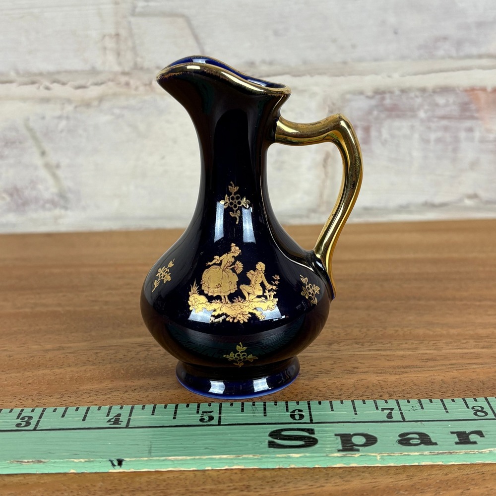 Limoges France Miniature Cobalt Blue Porcelain‎ Vase Gold Gilt Scene